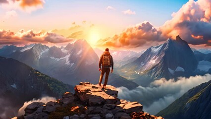Hiker with a backpack standing on top of a mountain and looking at the sunset, Magical Fantasy Adventure Composite of a man hiking on top of a rocky mountain peak - Powered by Adobe