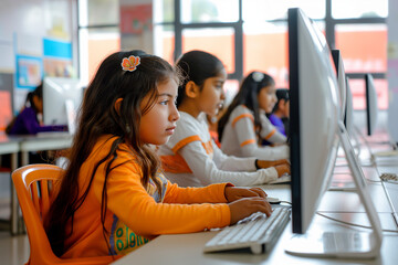A group of young hispanic latina girls are sitting at a computer lab
