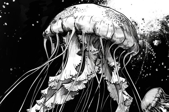Detailed black and white illustration of a jellyfish. Suitable for educational materials or marine life presentations