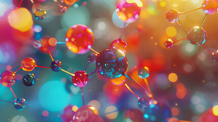 a colorful and intricate molecular structure. Atoms, represented by various colored spheres, are connected by bonds depicted as sticks