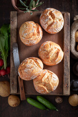 Healthy and wholegrains potato buns baked in bakery.