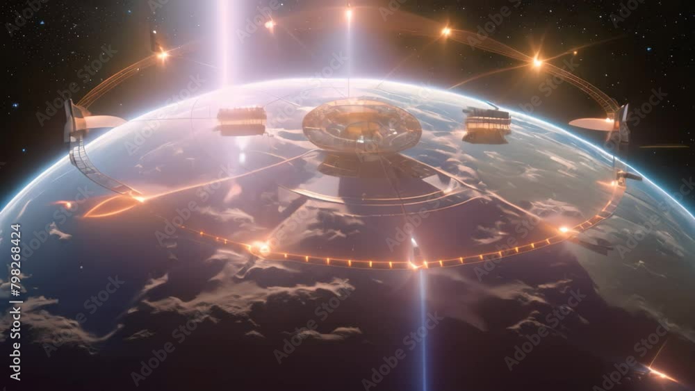 Aufkleber global communication network around the planet earth. 3d rendering of satellite communications, spac