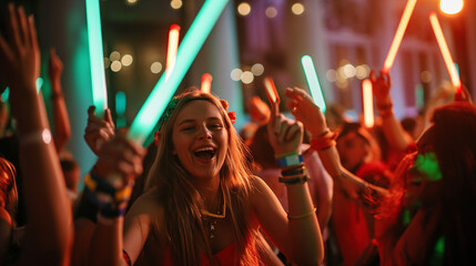 A jubilant group of teenagers dances and celebrates at an outdoor concert during the night, each...
