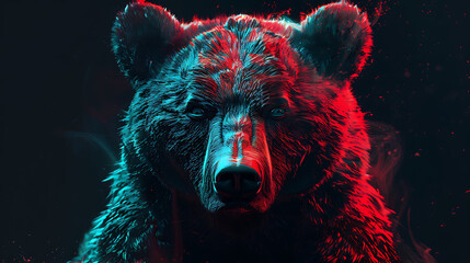 Fototapeta premium a bear with red and blue colors on its face and head, with a black background and a red light