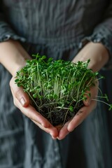 close-up of microgreens in hands. selective focus