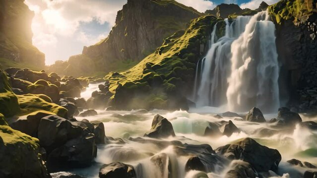 Majestic Waterfall Surges Through Rivers Heart, The perfect view of the famous powerful Gljufrabui cascade in sunlight, A dramatic and gorgeous scene, A unique place on earth