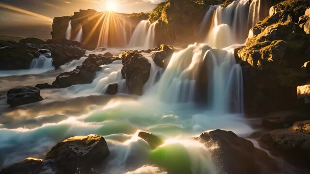 Sun Shining Over Waterfall in Iceland, The perfect view of the famous powerful Gljufrabui cascade in sunlight, A dramatic and gorgeous scene, A unique place on earth