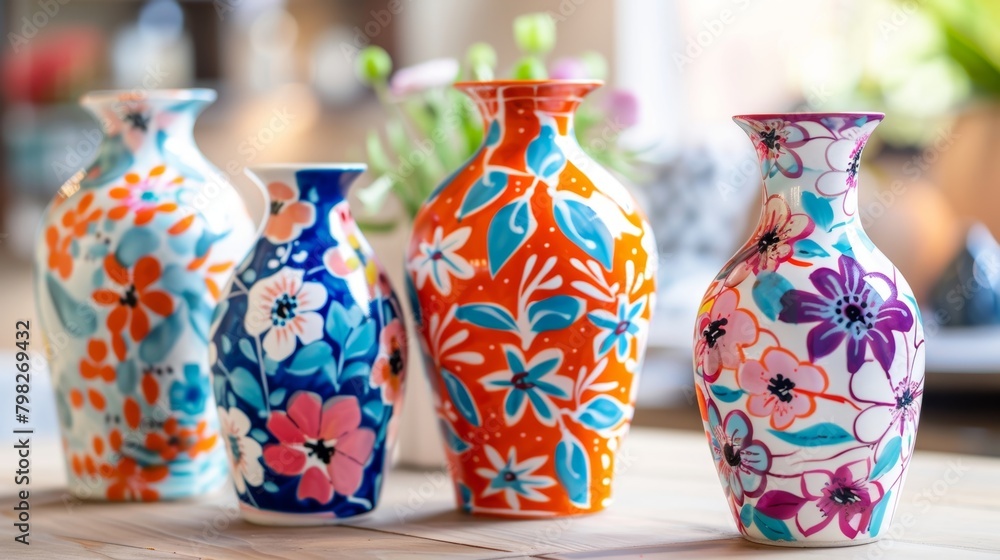 Poster a set of ceramic vases adorned with handpainted floral designs in vibrant colors perfect for adding 