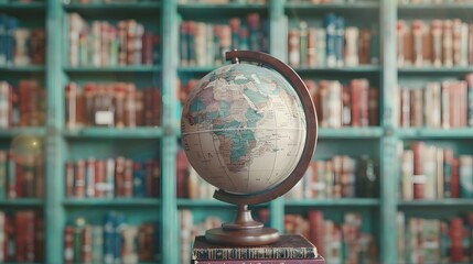 Against a backdrop of pastel bookshelves, a globe stands as a symbol of exploration and adventure,...