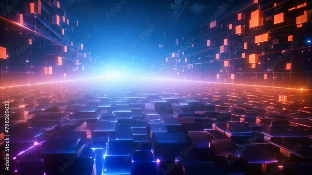 Poster abstract technology background with glowing lines and squares. 3d rendering, abstract background in 