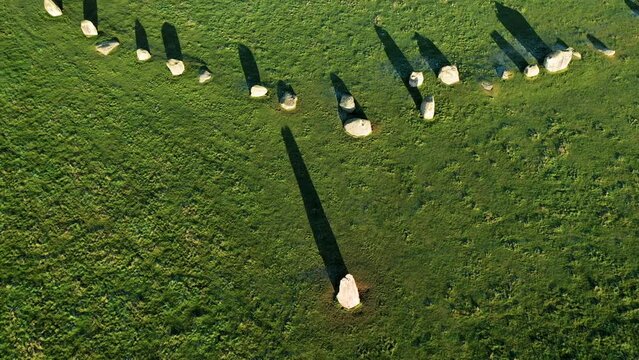 Long Meg and Her Daughters. Prehistoric Neolithic stone circle. Langwathby, Cumbria, UK. Video fly up of circle from Long Meg tall outlier stone