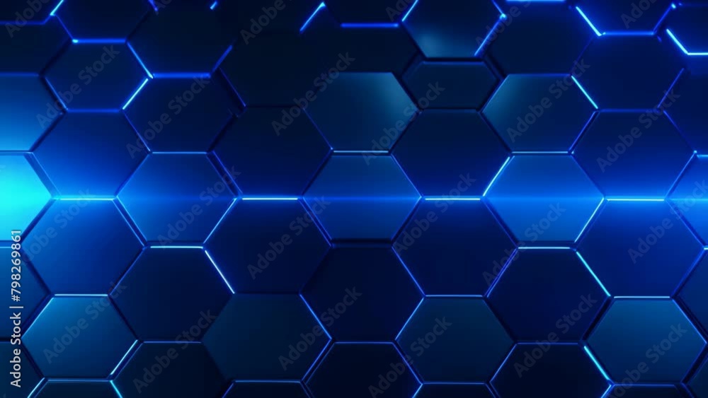 Poster dark blue hexagon background with glowing lines. 3d rendering, abstract hexagonal geometric ultra-wi