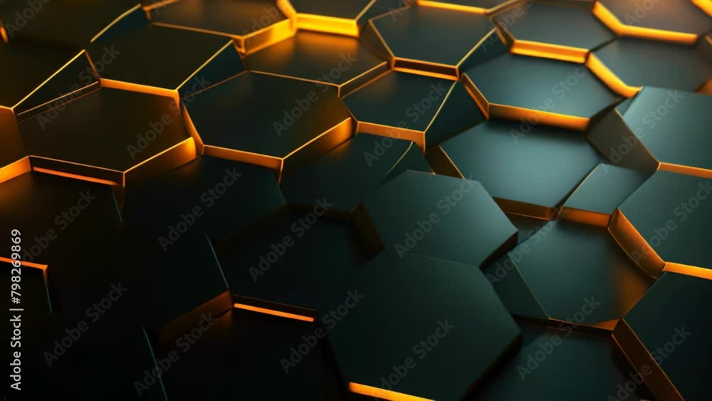 Poster abstract 3d rendering of hexagon background. dark and golden glowing hexagons, abstract hexagonal ge