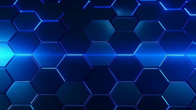 Dark blue hexagon background with glowing lines. 3D Rendering, Abstract hexagonal geometric ultra-wide background, Structure of lots of hexagons of carbon fiber
