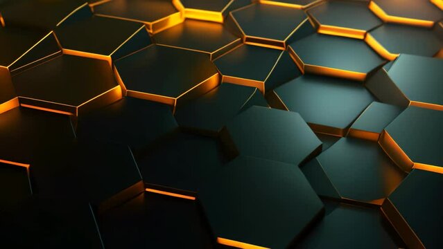 Abstract 3d rendering of hexagon background. Dark and golden glowing hexagons, Abstract hexagonal geometric ultra-wide background, Structure of lots of hexagons of carbon fiber