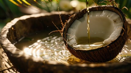 A close-up shot of a coconut being used in a traditional medicine, such as a balm or oil.