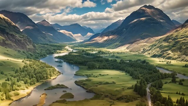 Aerial view of Glencoe and Glencoe, Scotland, UK, Aerial View of Glencoe and the Mountains Surrounding The Small Town in Scotland