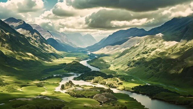 Aerial view of the Glencoe in Scotland, United Kingdom, Aerial View of Glencoe and the Mountains Surrounding The Small Town in Scotland