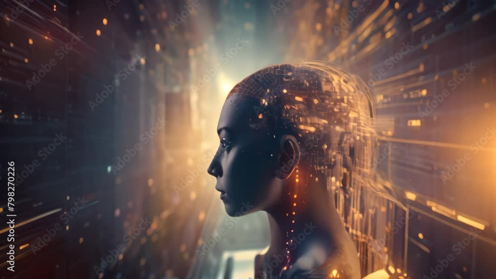 Poster cyborg woman cyborg head on digital technology background 3d rendering, artificial intelligence, tec