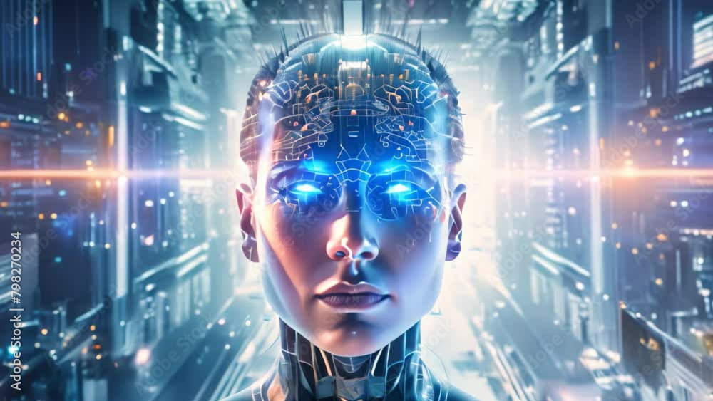 Poster 3d rendering of cyborg woman with circuit board in the background, artificial intelligence, technolo