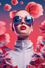 modern portrait illustration, young modern woman is wearing red glasses, around are pink flowers