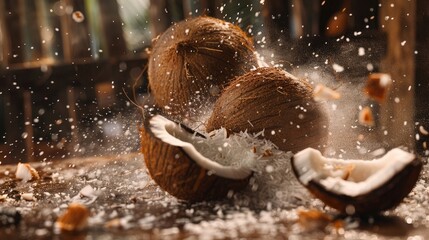 A close-up shot of a coconut being used in a traditional cooking method, such as grating or grinding.