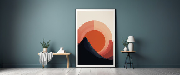 illustrazione con sfondo geometrico a tema astratto, interno con arredi