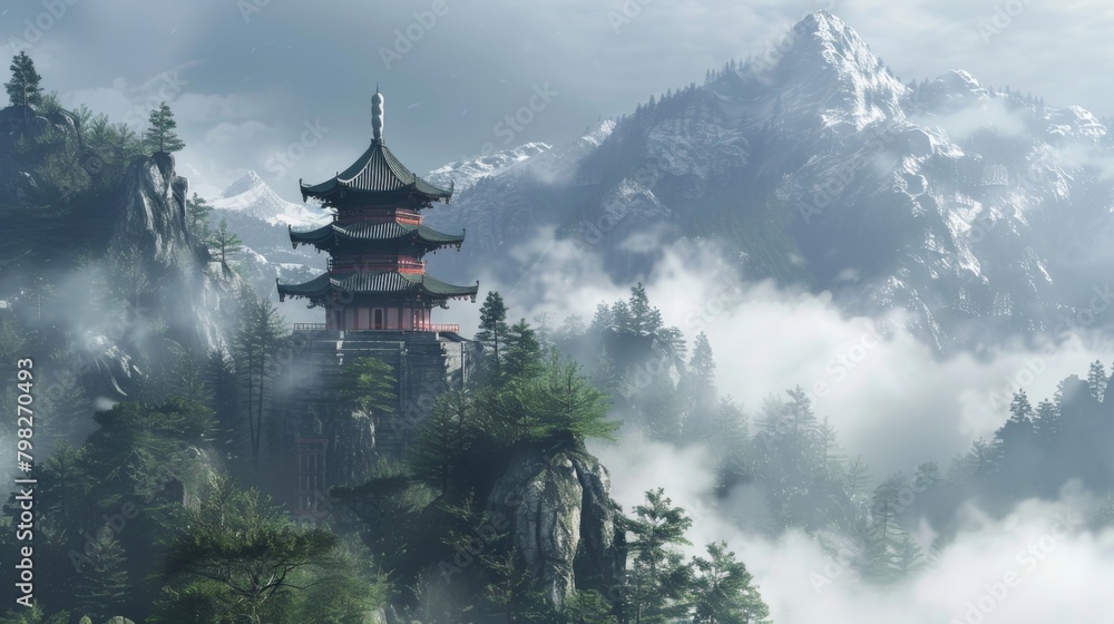 Poster deep in the mountains sits the temple of the void its tiered spires reaching high into the clouds. u