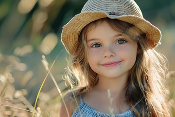adorable young girl portrait with innocent smile candid childhood photo - obrazy, fototapety, plakaty