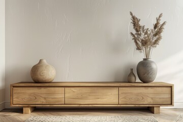 A simple vase placed on a wooden dresser. Suitable for home decor concepts