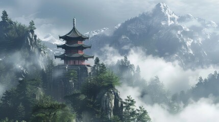 Naklejka premium Deep in the mountains sits the Temple of the Void its tiered spires reaching high into the clouds. Upon entering one is enveloped . .