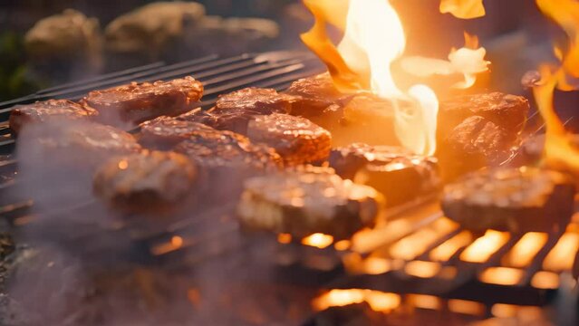 Grilled steaks on barbecue grill with flames and smoke background, Close-up of barbecues cooking grilling on charcoal