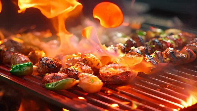 Barbeque with grilled meat and vegetables on grill, closeup, Close-up of barbecues cooking grilling on charcoal