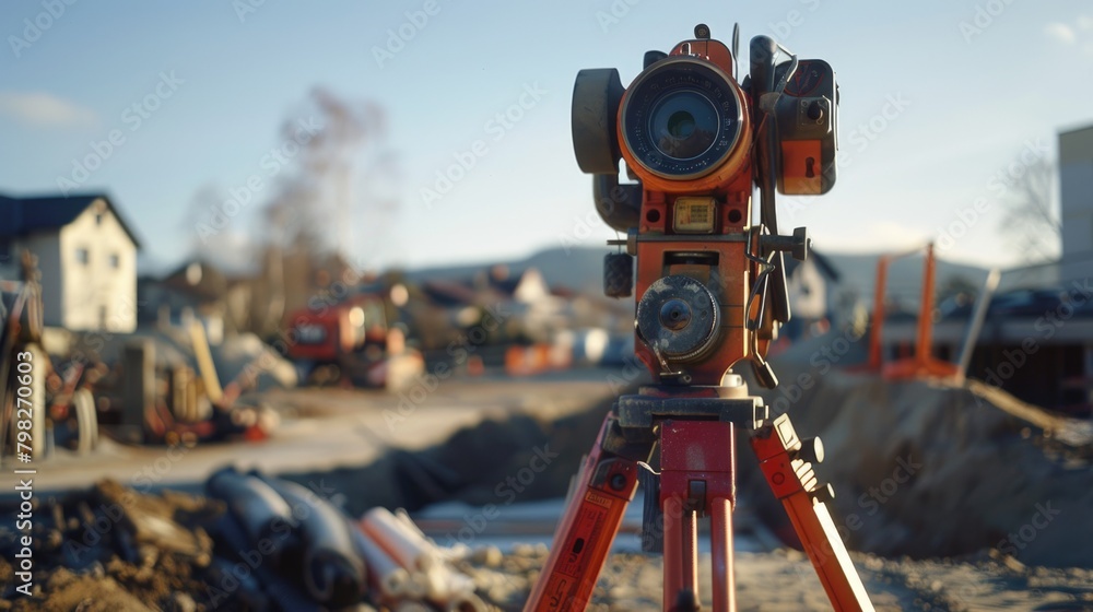 Poster a tripod sitting on top of a construction site. suitable for architecture and engineering concepts