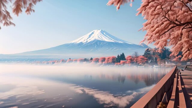 Mt Fuji at Kawaguchiko lake in Japan with red maple leaf. Colorful Autumn Season and Mount Fuji with morning fog and red leaves at Lake Kawaguchiko