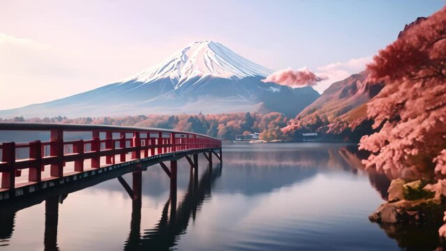 Mt Fuji and Cherry Blossom at Kawaguchiko lake in Japan. Colorful Autumn Season and Mount Fuji with morning fog and red leaves at Lake Kawaguchiko
