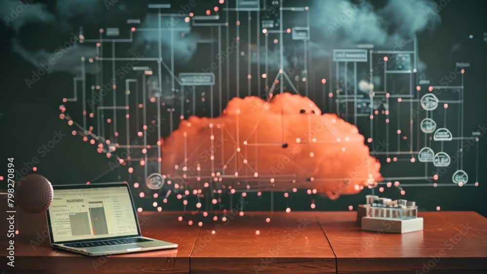 Poster laptop and cloud computing concept. 3d rendering toned video double exposure, datos en la nube y red