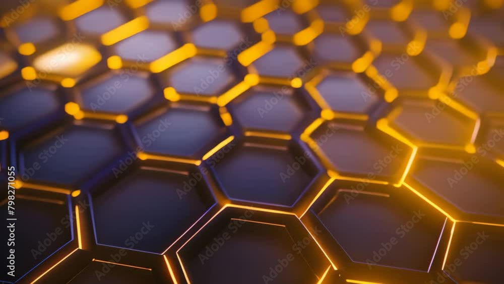 Poster 3d rendering of abstract background with hexagons in black and orange, futuristic, high tech, black 