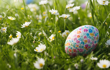 Easter eggs on grass Spring meadow full of flowers and easter eggs still life, Easter eggs in green grass meadow with daisy flowers