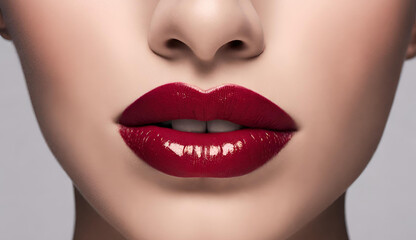 A closeup of woman lips with red lipstick, Close up view of beautiful woman lips with red lipstick. Open mouth with white teeth. Cosmetology, drugstore or fashion makeup concept.