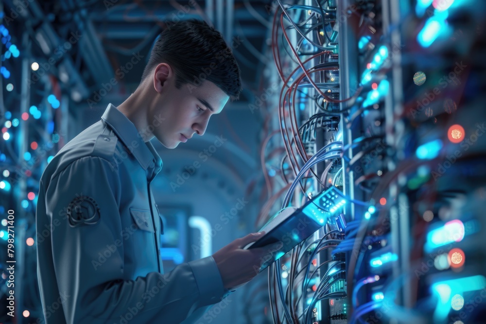 Poster a man using a tablet in a server room. suitable for technology concepts