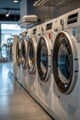 Row of washing machines in a laundry room, ideal for household or commercial use