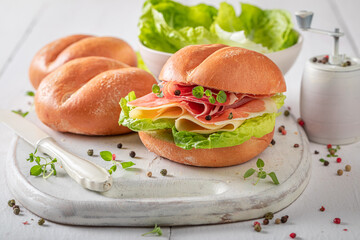 Tasty and healthy sandwich made of ham, cheese and vegetables.