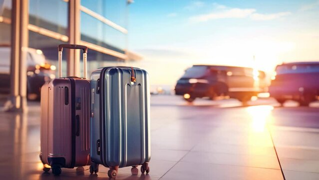 Luggage in airport terminal. Travel and vacation concept. 3D Rendering, Suitcases in the airport, Travel concept, plane flying in the background