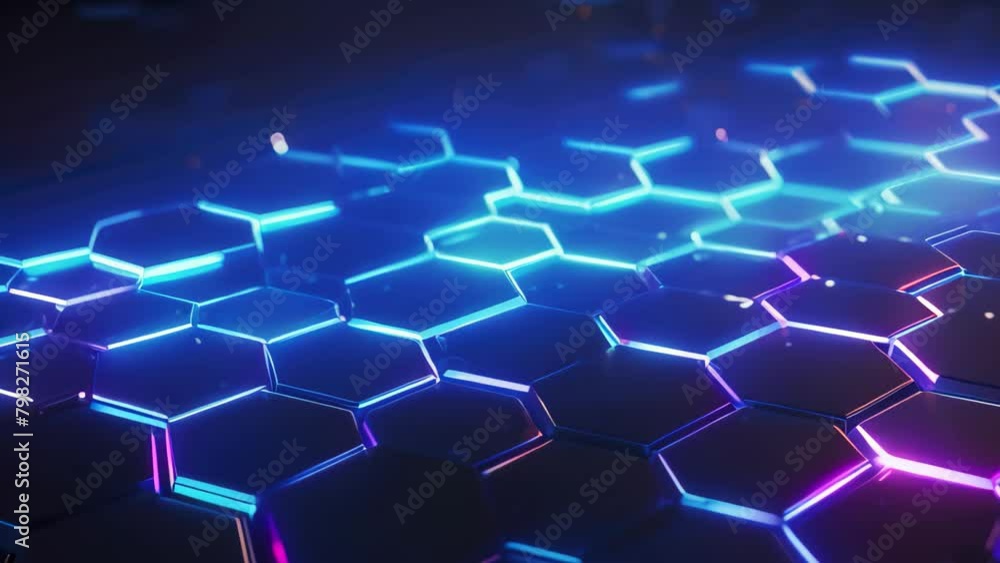 Poster abstract blue glowing hexagons on dark background, 3d render, 3d rendering of an abstract hexagon ba