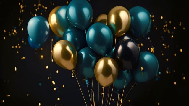 3d rendering of bunch of golden and blue balloons on black background, 3D render of blue and golden balloons with confetti on a black background