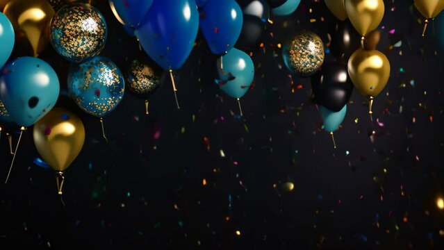 3d rendering of bunch of golden and blue balloons on black background, 3D render of blue and golden balloons with confetti on a black background