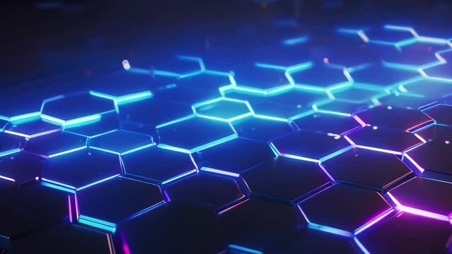 abstract blue glowing hexagons on dark background, 3d render, 3D rendering of an abstract hexagon background with blue neon lights