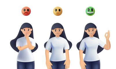 Woman emotions 3D concept. Rank, level of satisfaction rating. Sad and positive women. 3D style vector design illustrations.