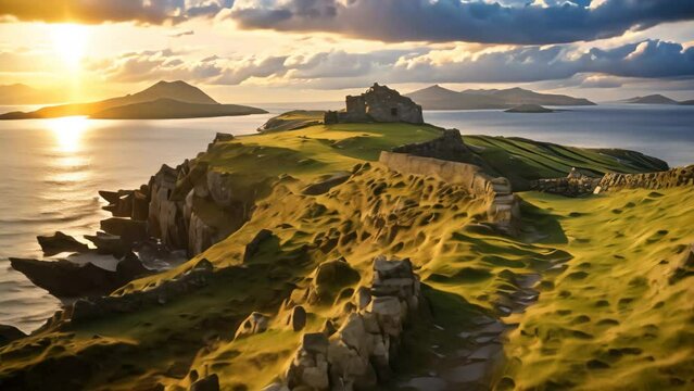 Beautiful sunset over the island of Mykines, Faroe Islands, A viewpoint from Bray Head on Valentia Island in the Ring of Kerry in the southwest coast of Ireland during an autumn